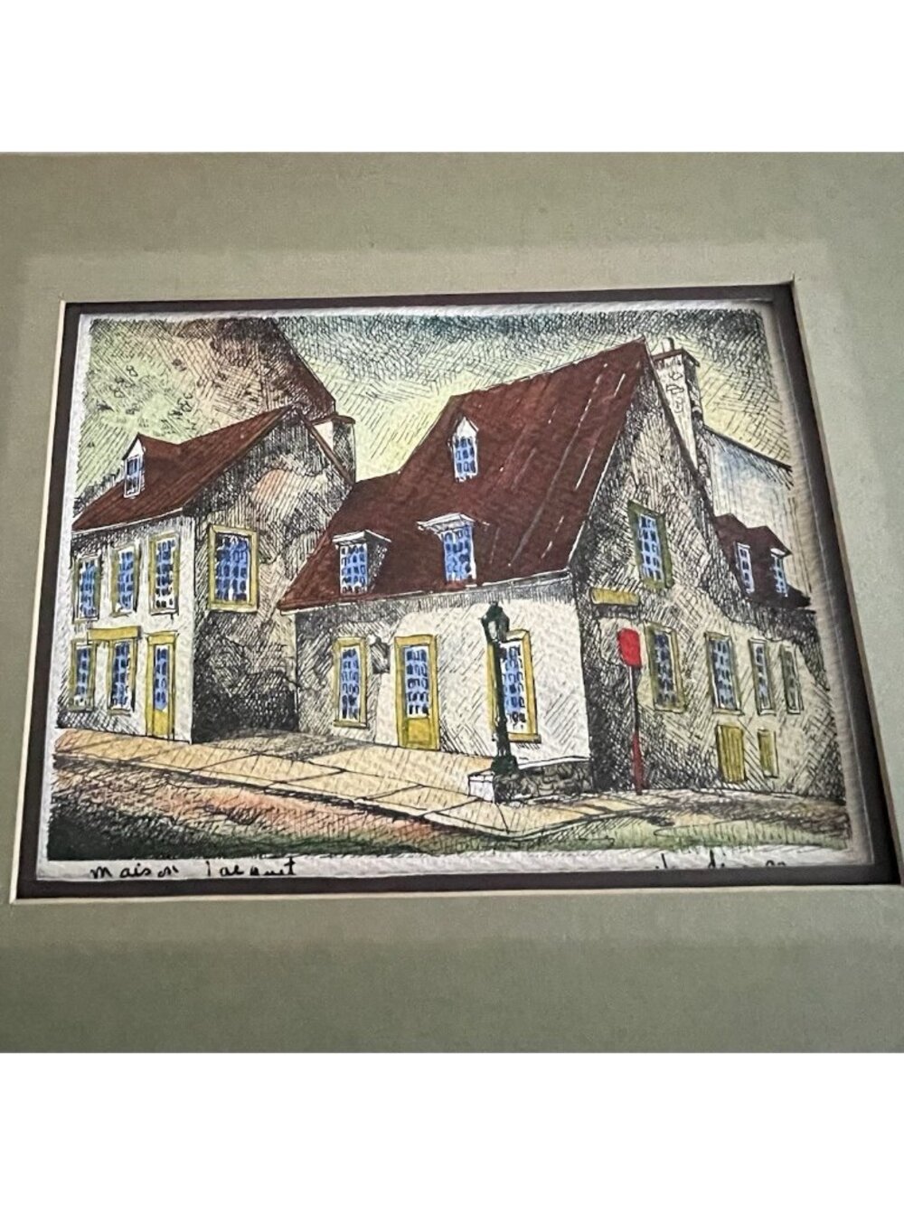 VTG 70’s signed etching Hand Colored print architecture French Cottagecore Art